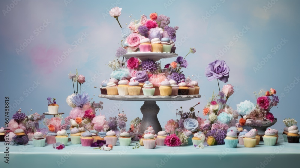  a table topped with lots of cupcakes covered in frosting.  generative ai