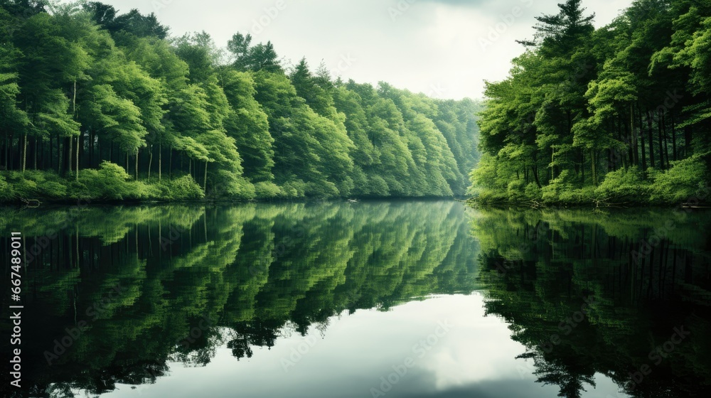  a forest filled with lots of green trees next to a lake.  generative ai