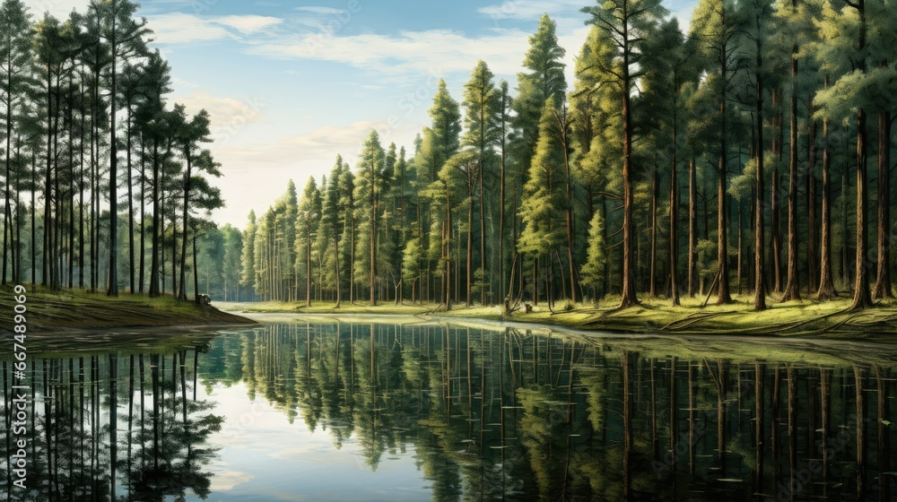  a painting of a lake surrounded by trees and a forest.  generative ai