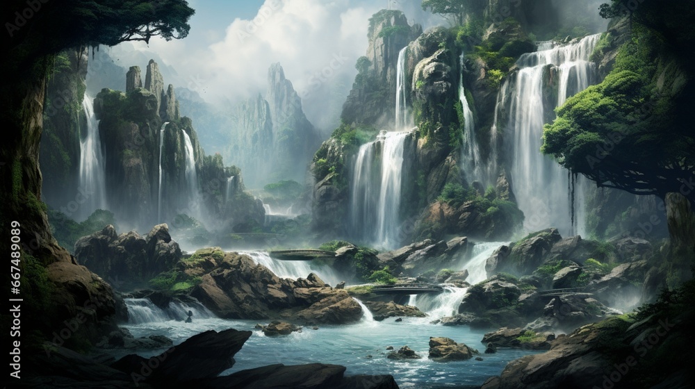 A cascade of waterfalls, gushing down rocky terrains into a serene pool below.
