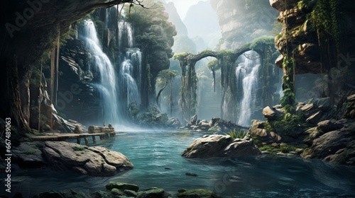 A cascade of waterfalls  gushing down rocky terrains into a serene pool below.