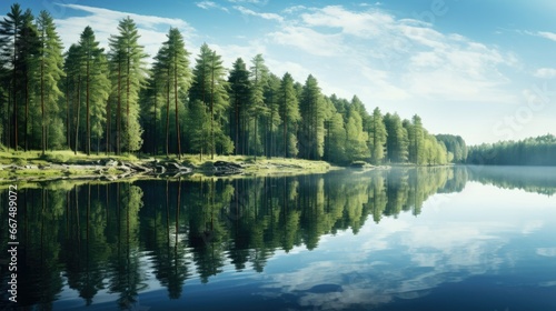  a body of water surrounded by trees and a blue sky. generative ai