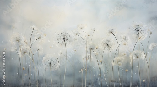  a painting of a field of dandelions with a sky background. generative ai