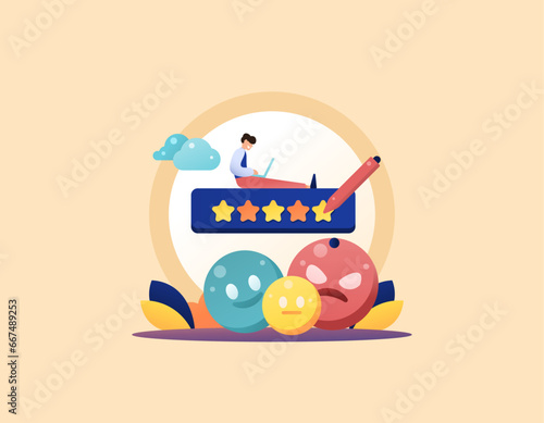 Star rating. The buyer or client gives a 5 star rating. customer responses. Customers are happy or angry. feedback, service ratings, and writing a review. illustration design concept. vector elements