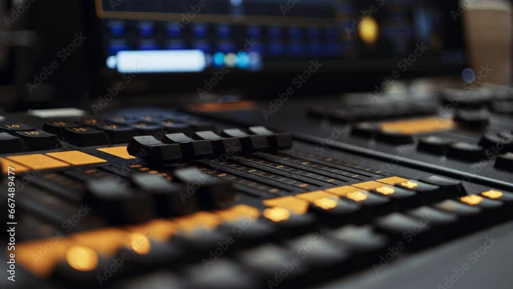 Two edge faders of a professional dmx lighting control desk console panel being turned up, making lights brighter. Light console used in film or tv production, broadcast or live music event production Two edge faders of a professional dmx lighting control desk console panel being turned up, making lights brighter. Light console used in film or tv production, broadcast or live music event production