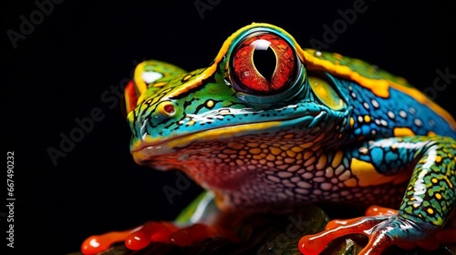 A close-up of a frog  its vibrant colors and skin textures sharply in focus.