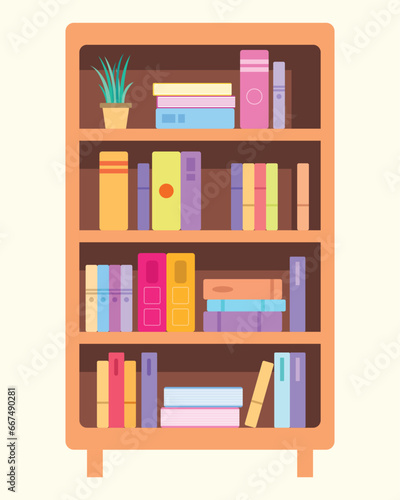 Bookshelf with different books design. Colorful book pile on wooden cupboard. Books and plant vase flat vector. Book spine design. Suitable for library, school, or education related illustration.