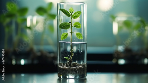 Green plant sprout in tube. Biotechnology concept background.
