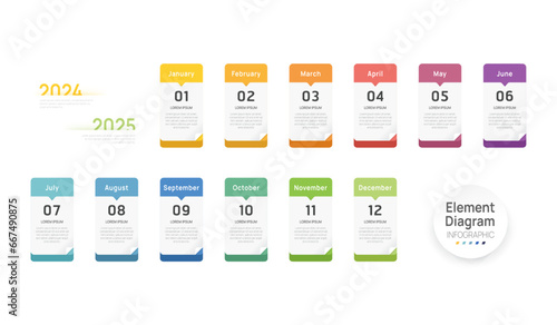 Agenda Infographic template for business. 12 Months Timeline element diagram calendar, 4 quarter milestone vector infographic.