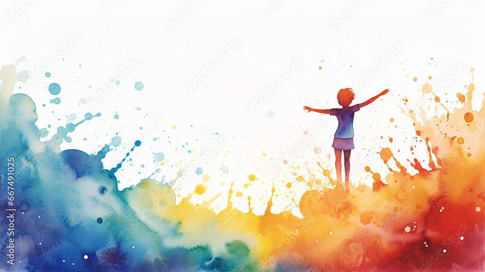 freedom of creativity watercolor multicolored silhouette of a person, creative idea colorful background, splashes of paint and ink happiness