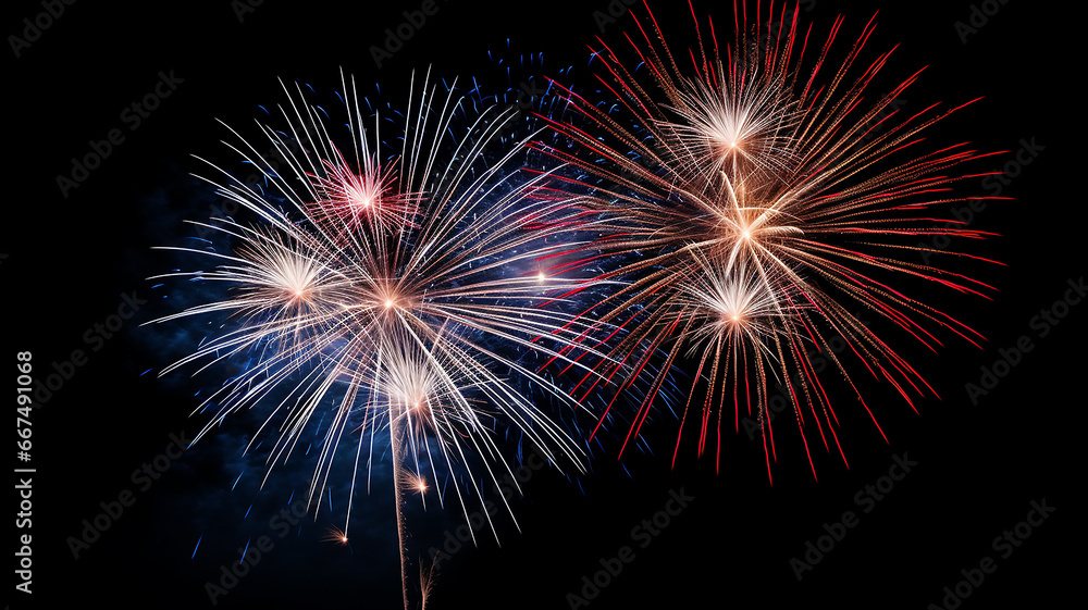 Golden fireworks isolated layer on black background, night festive view abstract