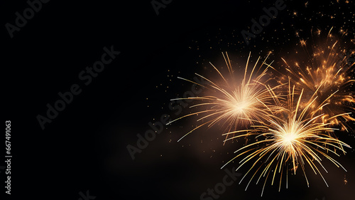 Golden fireworks isolated layer on black background  night festive view abstract