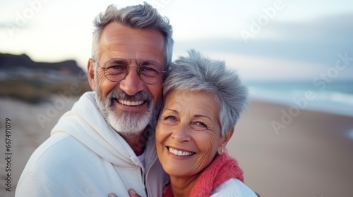 portrait of happy senior couple at the beach  © kimly