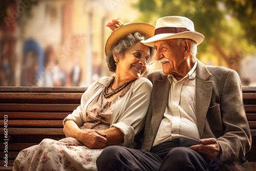An elderly couple, a man and a woman, are sitting and hugging on a bench in the park. They enjoy communication. Date in the park. Older lovers. Relationships in old age. Love and romance. © Anoo