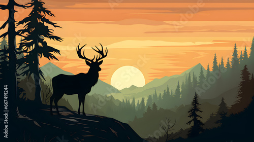 Silhouette of deer on hill in forest background sun in back, Silhouette of animal, trees