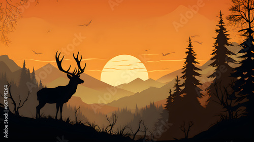 Silhouette of deer on hill in forest background sun in back  Silhouette of animal  trees
