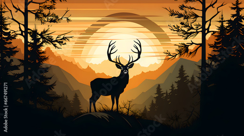 Silhouette of deer on hill in forest background sun and mountains in back, Silhouette of animal, trees © Muhammad