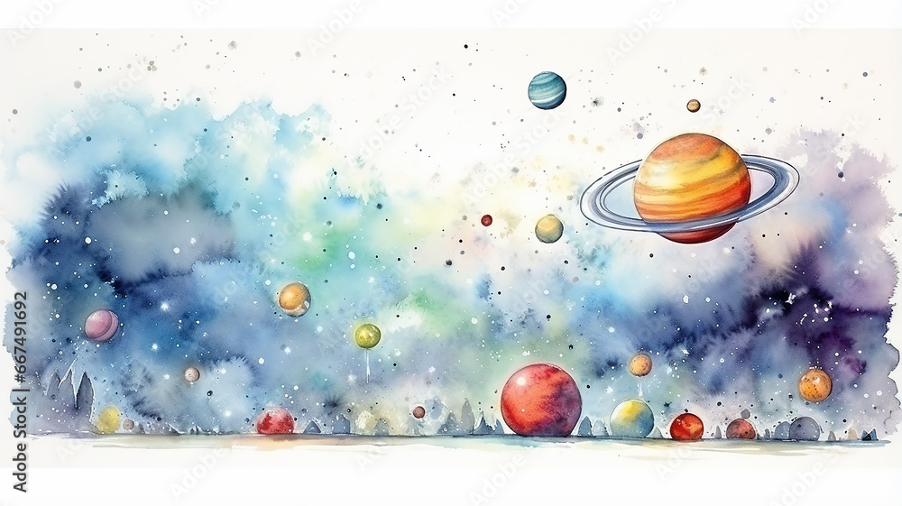 Naklejka premium planets in space on a white background, watercolor drawing for children primitive minimalistic poster illustration