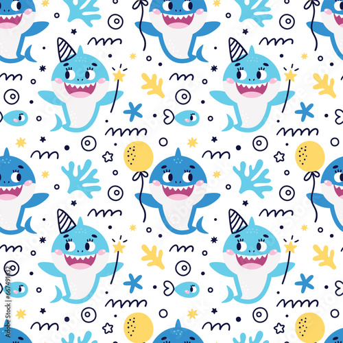 Seamless Vector Pattern with baby shark, fishes, corals, algae, waves, bubbles for Birthday party. Ideal for kids cards, prints, anniversary, invitation
