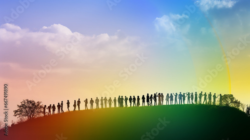 row of silhouettes of people standing under rainbow. illustration multicolor spectrum background copy space peace and freedom