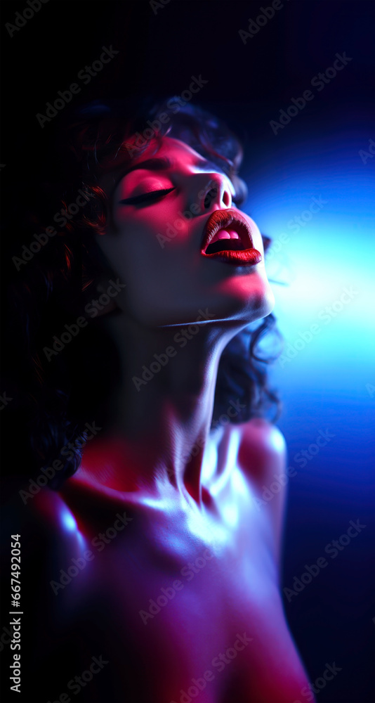 Close portrait of a naked young and beautiful woman experiencing orgasm in the style of red and blue neon lighting Close portrait of a naked young and beautiful woman experiencing orgasm in the style of red and blue neon lighting