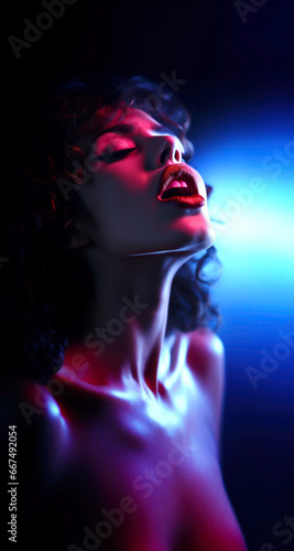 Close portrait of a naked young and beautiful woman experiencing orgasm in the style of red and blue neon lighting