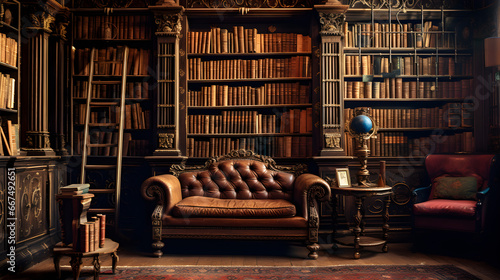 vintage library full of books