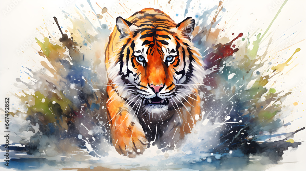 tiger walking front view watercolor