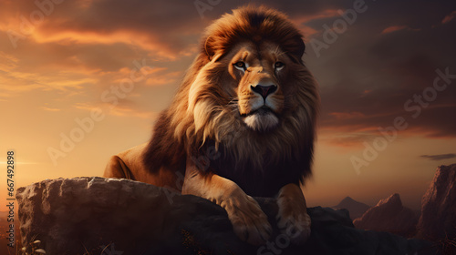 portrait of majestic lion sitting in the sunset background