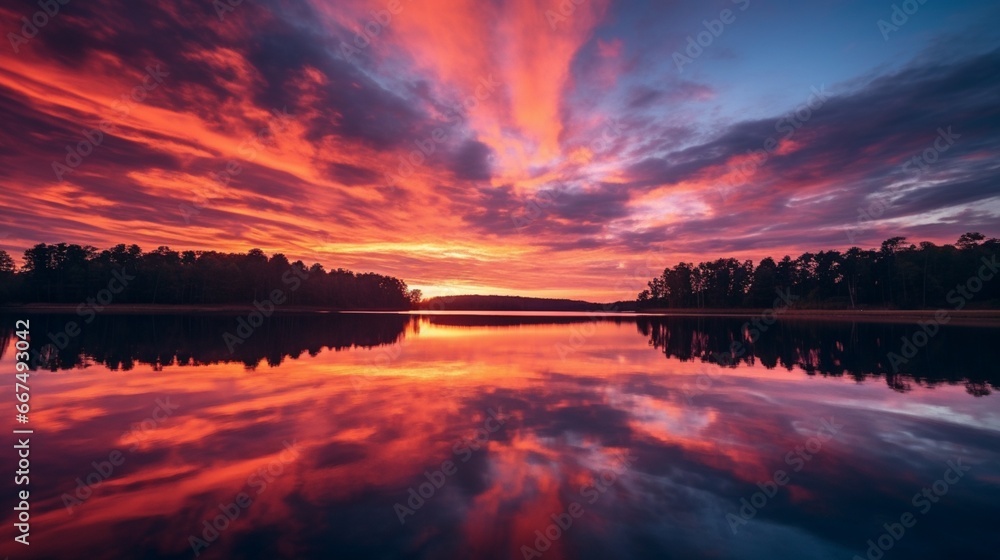 A fiery sunset reflecting off a calm lake, painting the sky with shades of orange, pink, and purple.