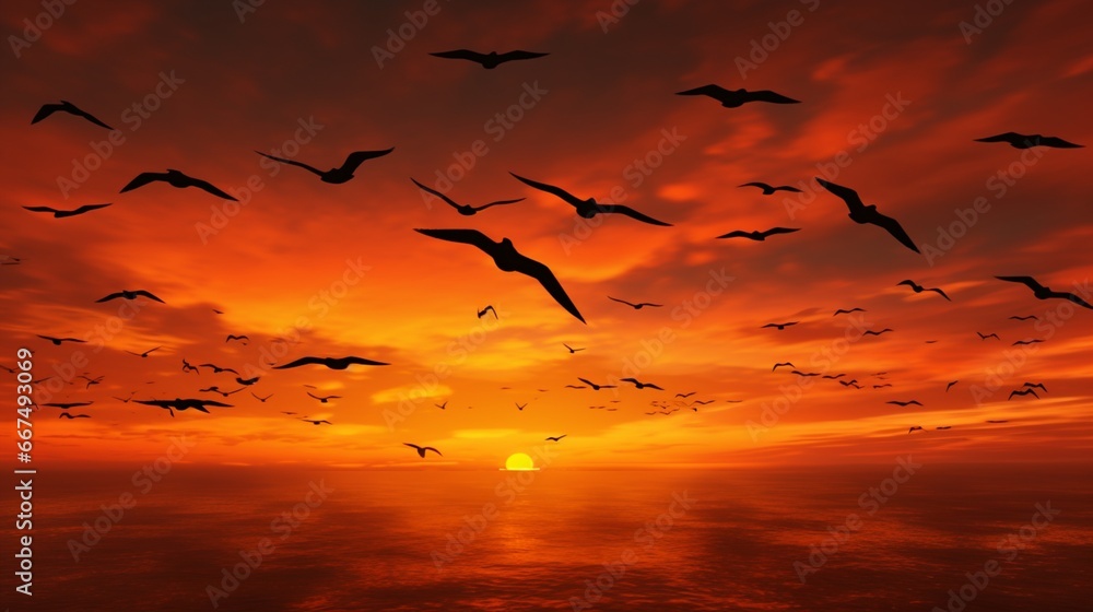 A flock of migratory birds, silhouetted against a fiery orange sunset.