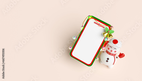 3d mobile phone, smartphone with snowman, Jingle bell, holly berry leaves, glass transparent lamp, party banner. merry christmas and happy new year, online shopping, 3d render illustration