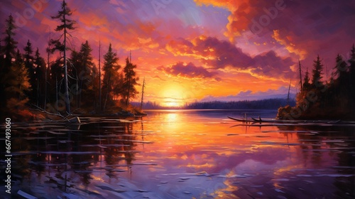 A fiery sunset reflecting off a calm lake, painting the sky with shades of orange, pink, and purple.