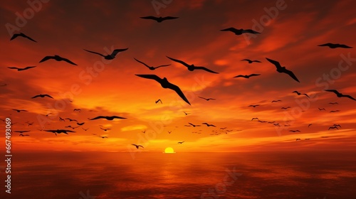 A flock of migratory birds, silhouetted against a fiery orange sunset. © baloch
