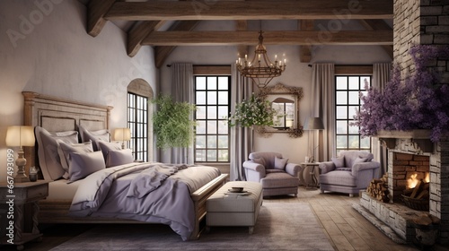 A French country-styled bedroom, with lavender accents, wrought iron details, and rustic wooden beams. © baloch