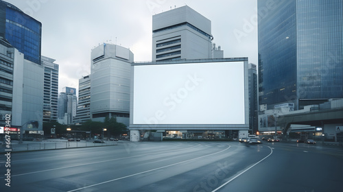 blank mockup of billboard on the street of city with high buildings in background
