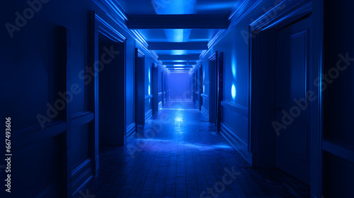 blue light horror hallway background  Blue corridor with multiple doors