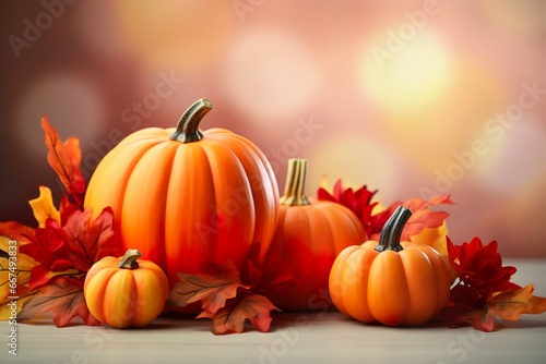 Autumn composition with pumpkins and autumns leaves against bokeh lights