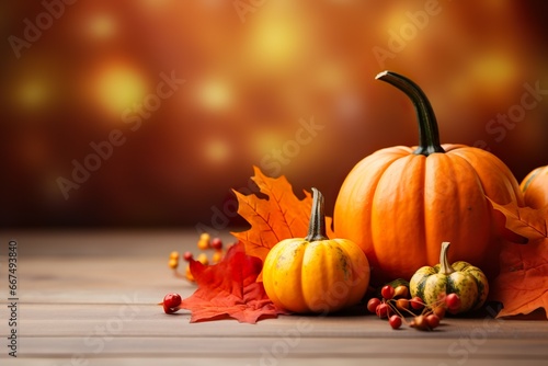 Autumn composition with pumpkins and autumns leaves against bokeh lights