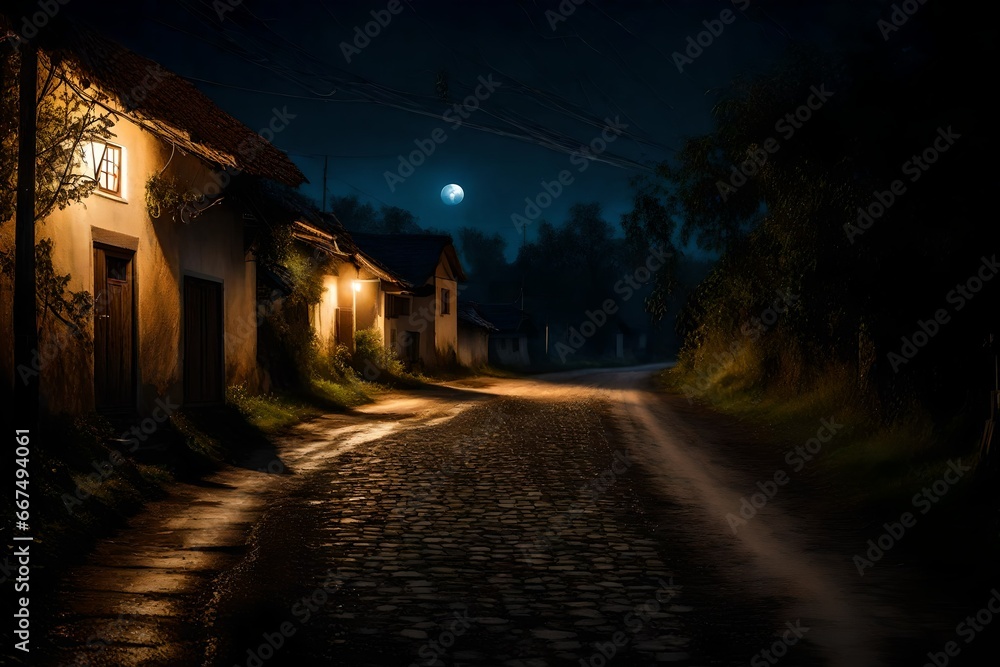 Full moon over quite village at night. Beautiful night landscape 