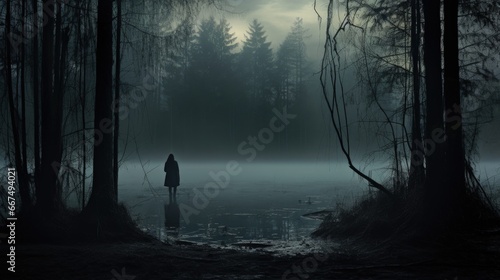 Lonely silhouette of woman amidst foggy trees by misty lake in the forest © vxnaghiyev