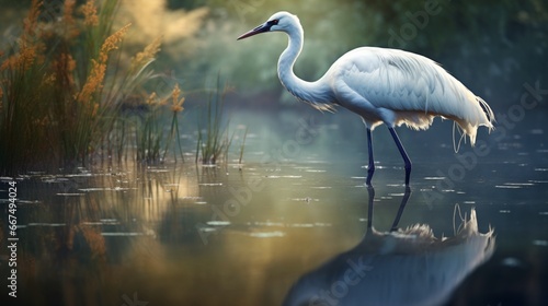 A graceful crane wading through a serene pond, its reflection perfectly captured in the water. © baloch