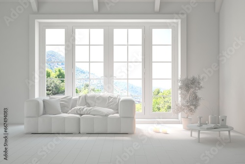 Fototapeta Naklejka Na Ścianę i Meble -  Grey living room concept with sofa and summer landscape in window. Scandinavian interior design. 3D illustration