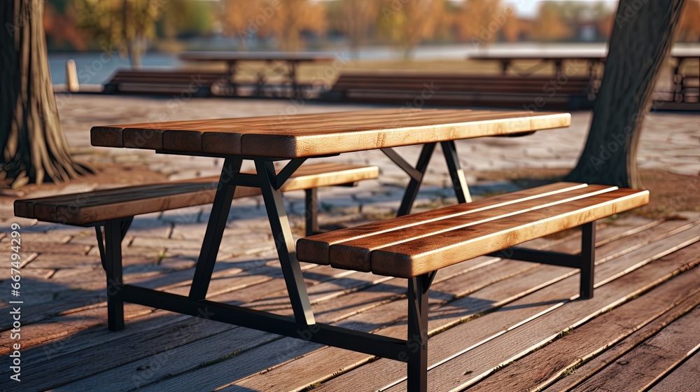New picnic table in public park made of wood and metal
