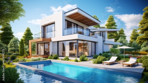 Luxurious modern house with pool and parking for sale or rent surrounded by beautiful landscaping and under a clear blue sky on a sunny summer day