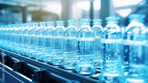 PET bottles on conveyor belt filled in drinking water factory using automatic filling machine