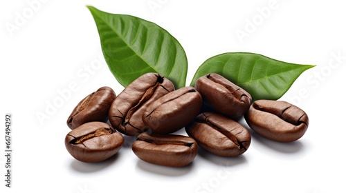 Isolated white background with fresh roasted coffee beans and leaves