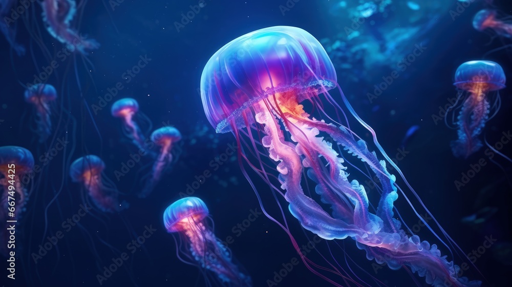 Phosphorescent jellyfish glide in the depths of the ocean Neon jellyfish in a cosmic galaxy surrounded by stars Phosphorescent jellyfish glide in the depths of the ocean Neon jellyfish in a cosmic galaxy surrounded by stars