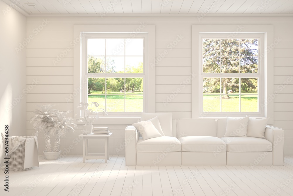 Grey living room concept with sofa and summer landscape in window. Scandinavian interior design. 3D illustration Grey living room concept with sofa and summer landscape in window. Scandinavian interior design. 3D illustration