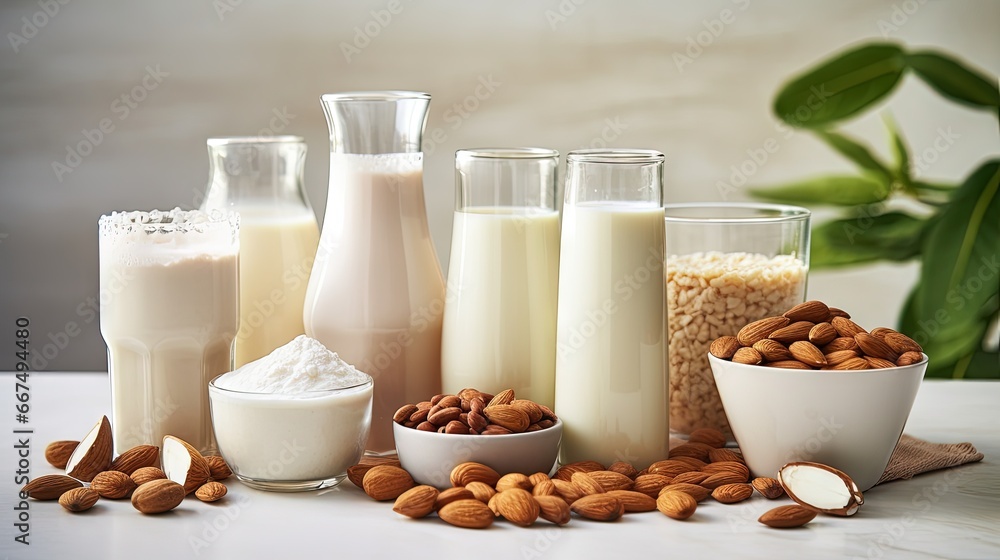 Organic vegan non dairy milk made from nuts oatmeal rice and soy placed on a kitchen table Organic vegan non dairy milk made from nuts oatmeal rice and soy placed on a kitchen table
